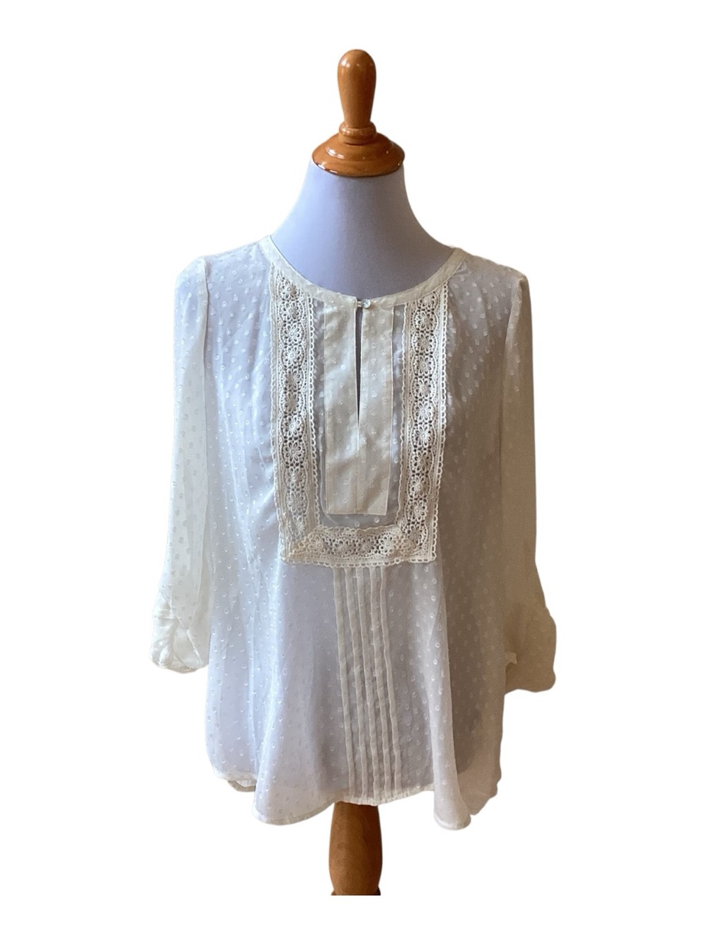Daniel Rainn ivory Swiss Dot Lace Trim Roll Sleeve Blouse size M